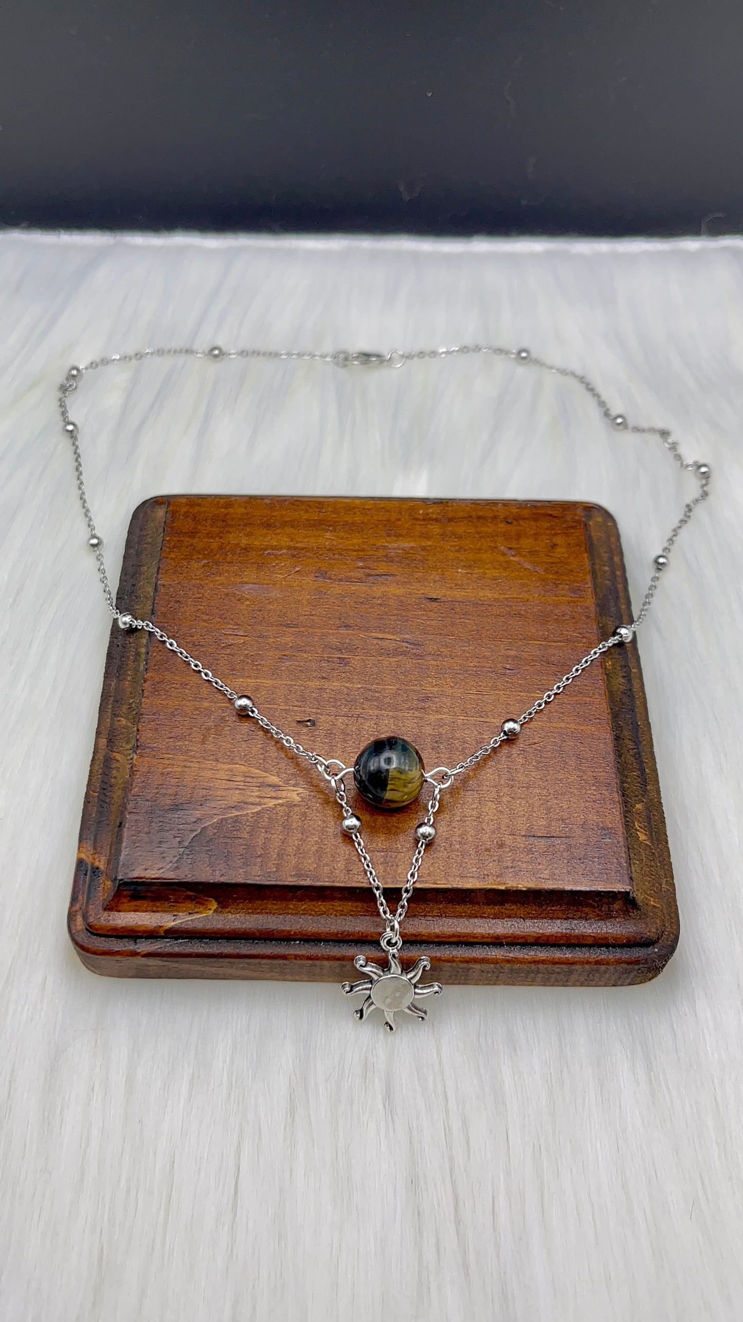 Elegant Handcrafted Tigers Eye Necklace with Sun / Solar Charm on a Stainless Steel Chain