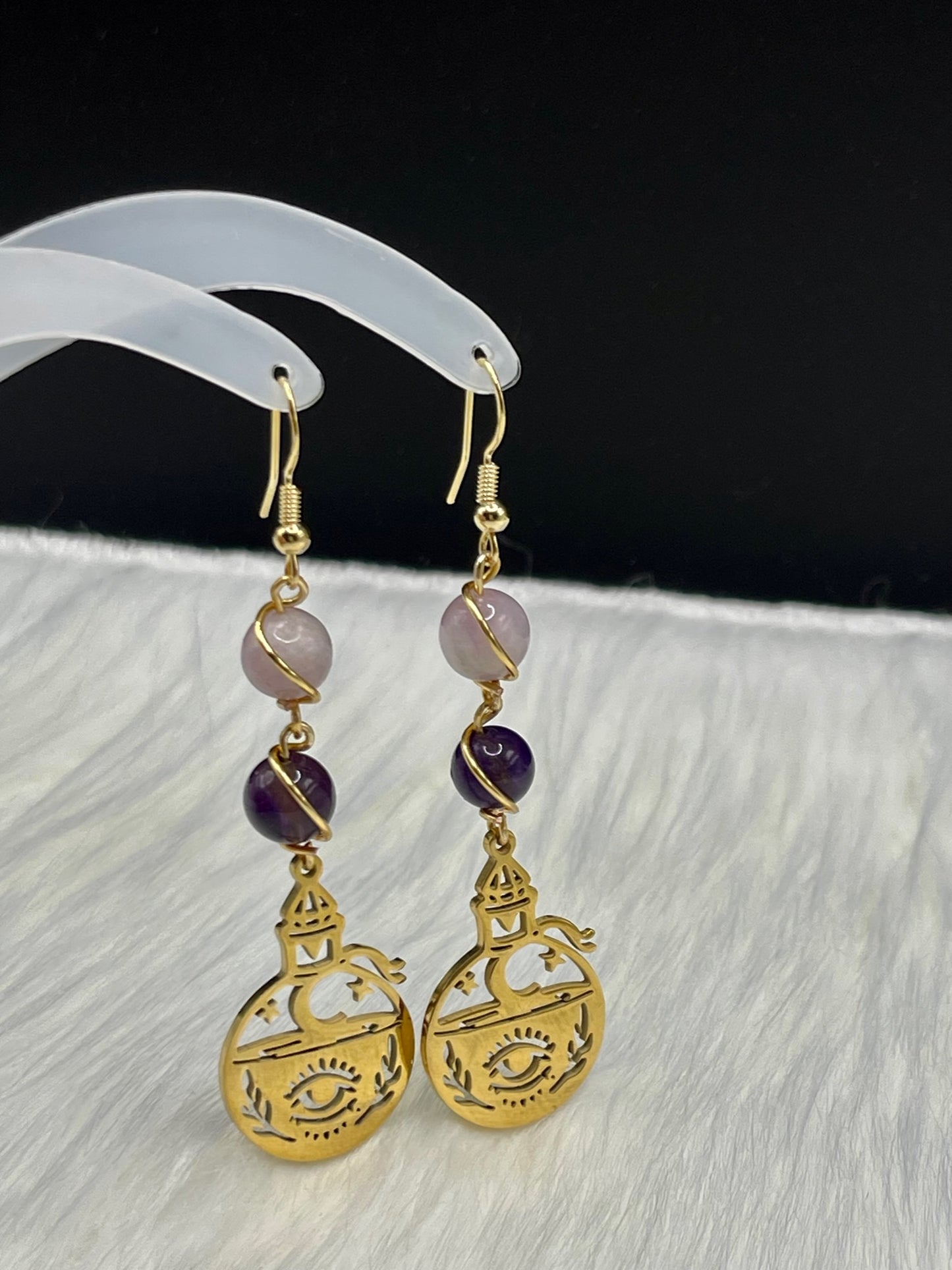 ✨ Mystical Elixir: Kunzite and Amethyst Gold Earrings with Evil Eye Potion Bottle Charm ✨