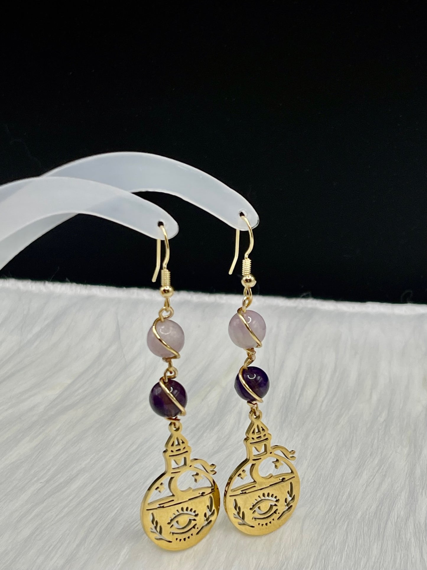 ✨ Mystical Elixir: Kunzite and Amethyst Gold Earrings with Evil Eye Potion Bottle Charm ✨