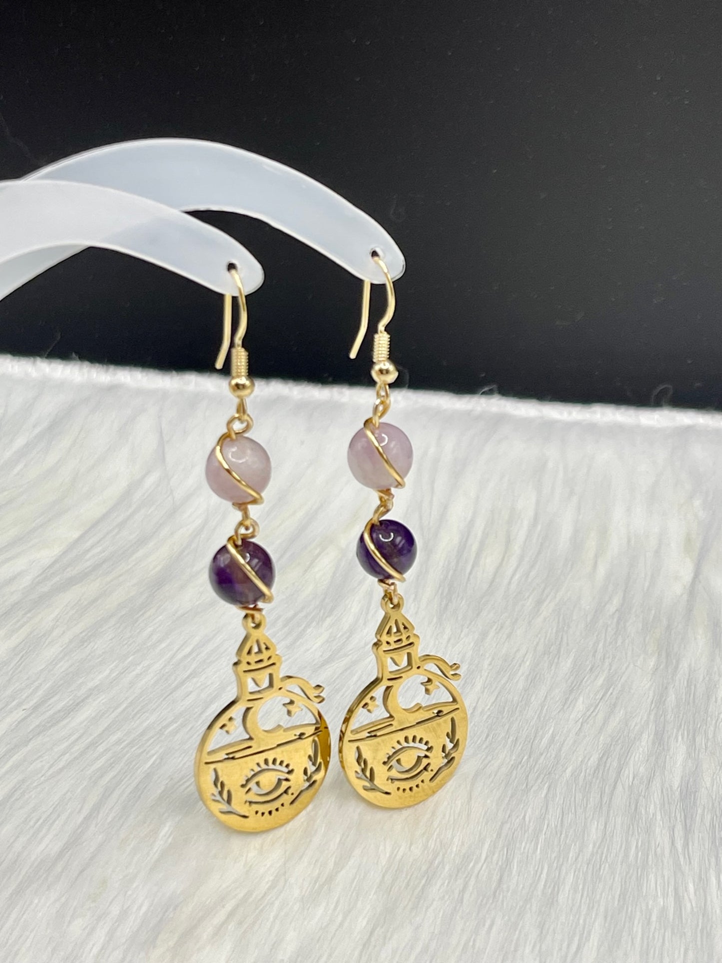 ✨ Mystical Elixir: Kunzite and Amethyst Gold Earrings with Evil Eye Potion Bottle Charm ✨