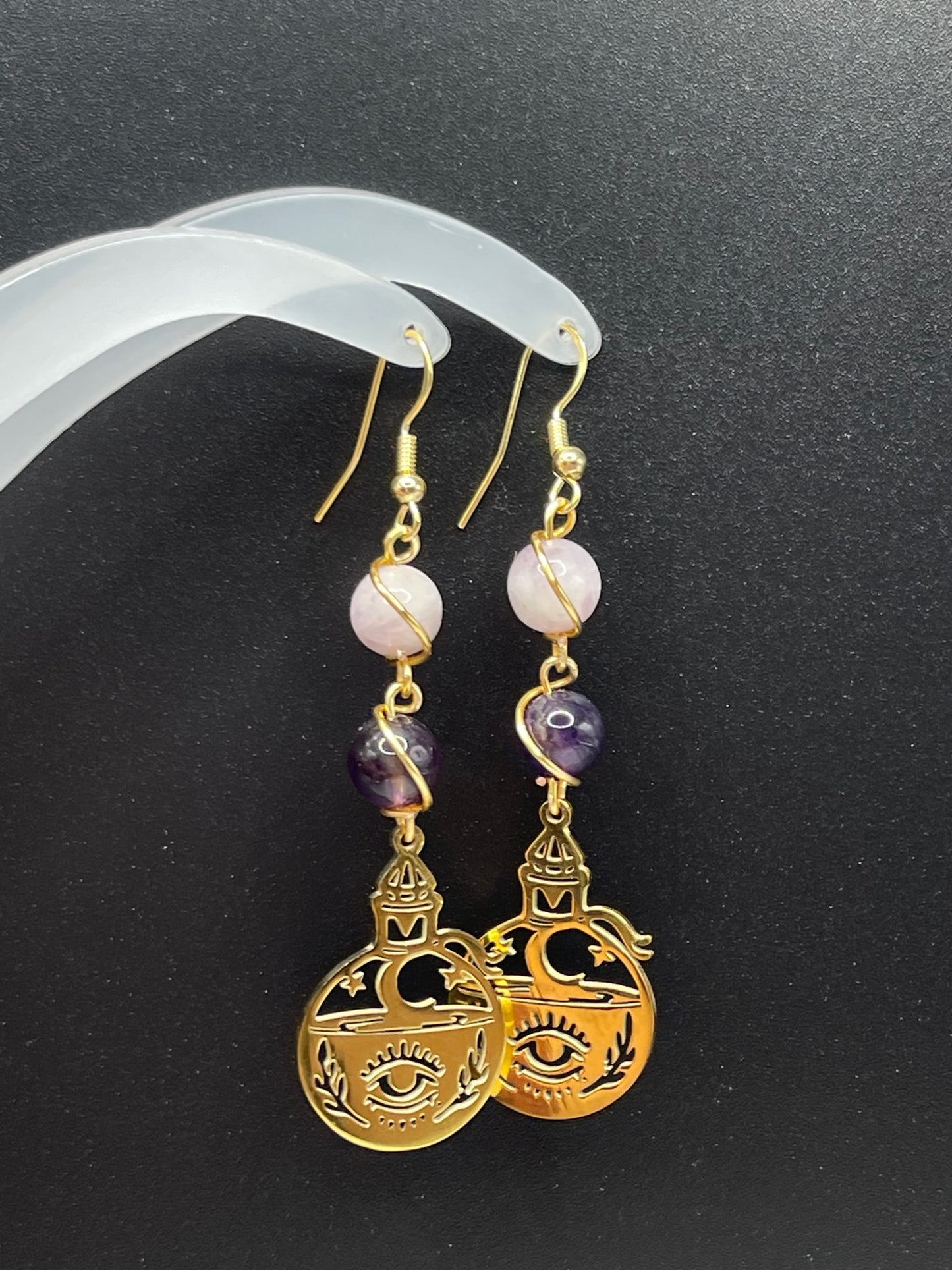 ✨ Mystical Elixir: Kunzite and Amethyst Gold Earrings with Evil Eye Potion Bottle Charm ✨