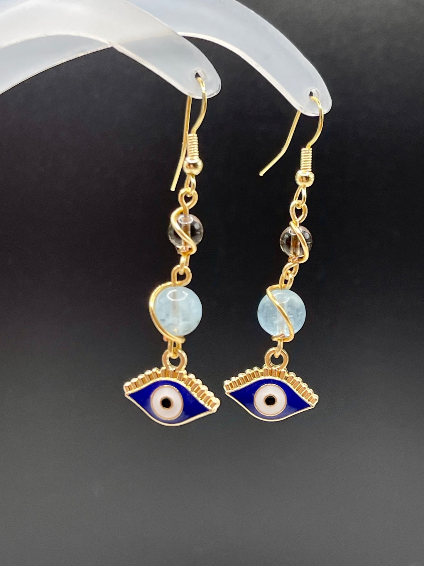 ✨ Golden Charisma: Dangly Gold Evil Eye Earrings with Smoky Quartz and Morganite ✨