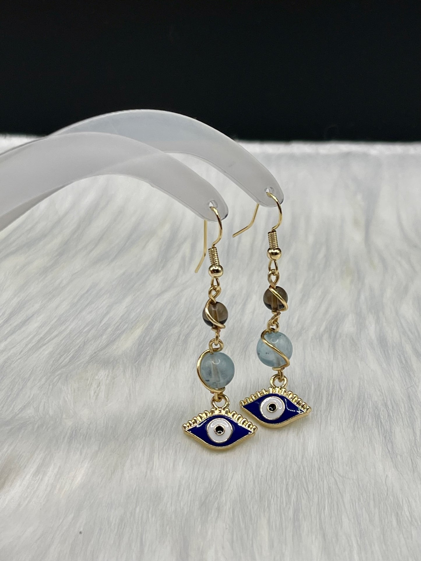 ✨ Golden Charisma: Dangly Gold Evil Eye Earrings with Smoky Quartz and Morganite ✨