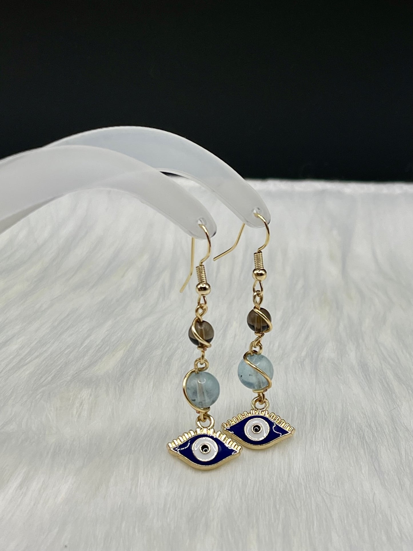 ✨ Golden Charisma: Dangly Gold Evil Eye Earrings with Smoky Quartz and Morganite ✨