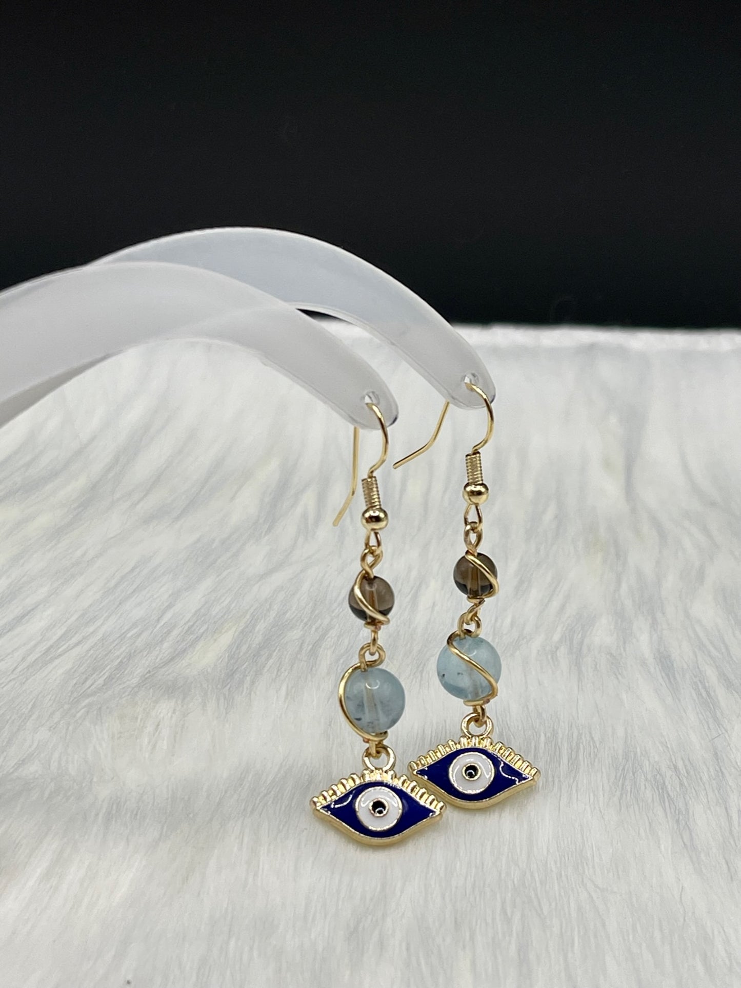 ✨ Golden Charisma: Dangly Gold Evil Eye Earrings with Smoky Quartz and Morganite ✨