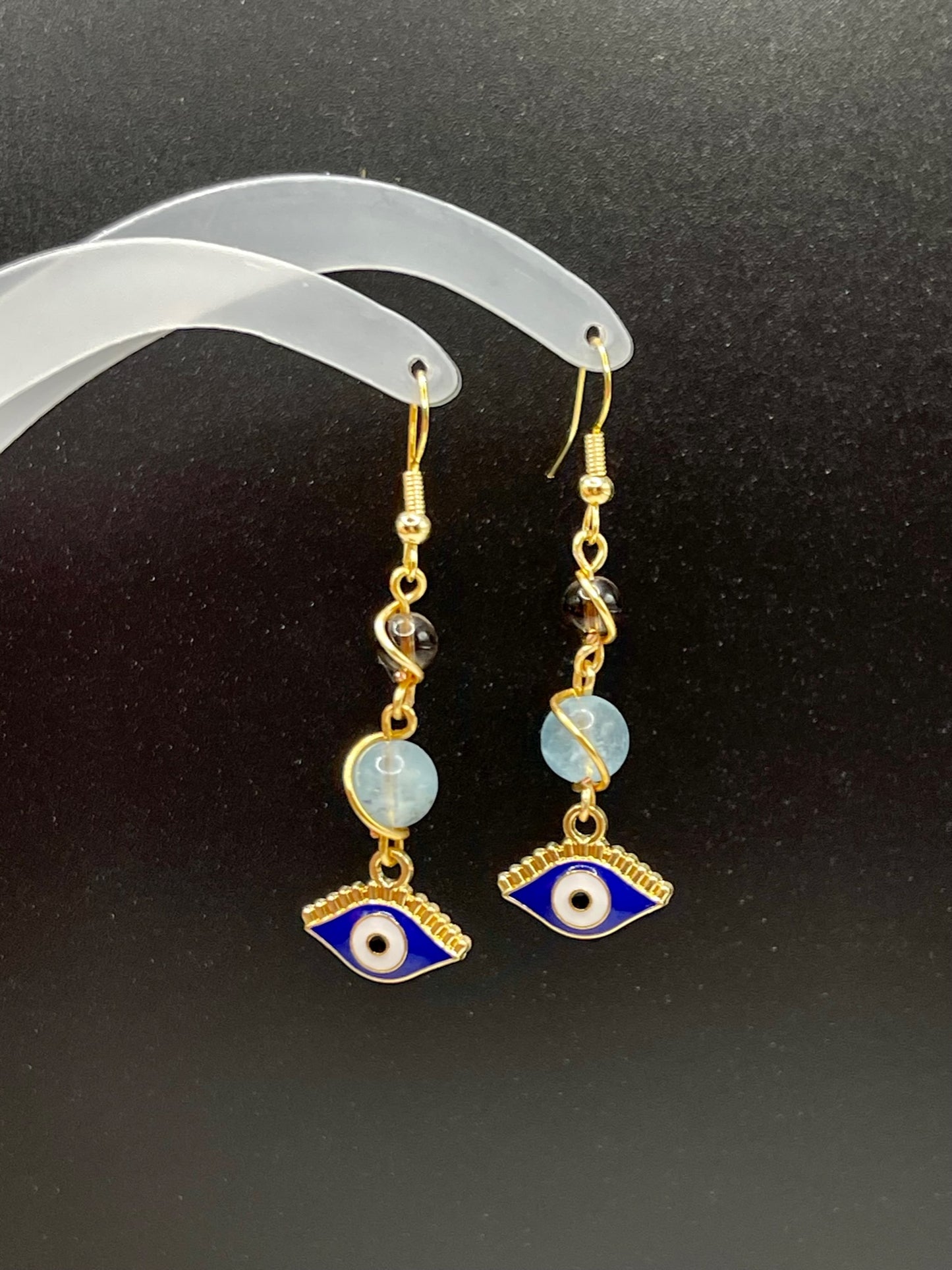 ✨ Golden Charisma: Dangly Gold Evil Eye Earrings with Smoky Quartz and Morganite ✨