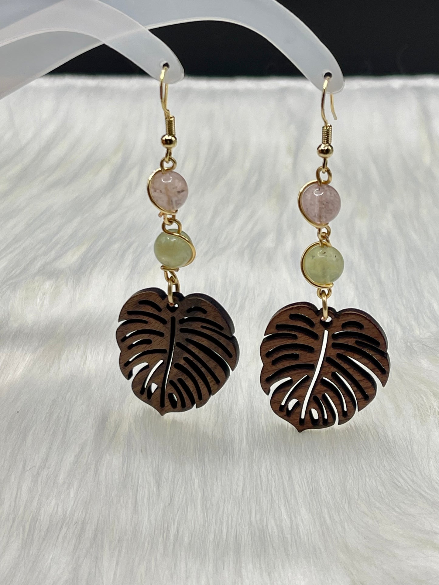 Dangly Monstera Crystal Earrings with Natural Pink and Yellow Morganite