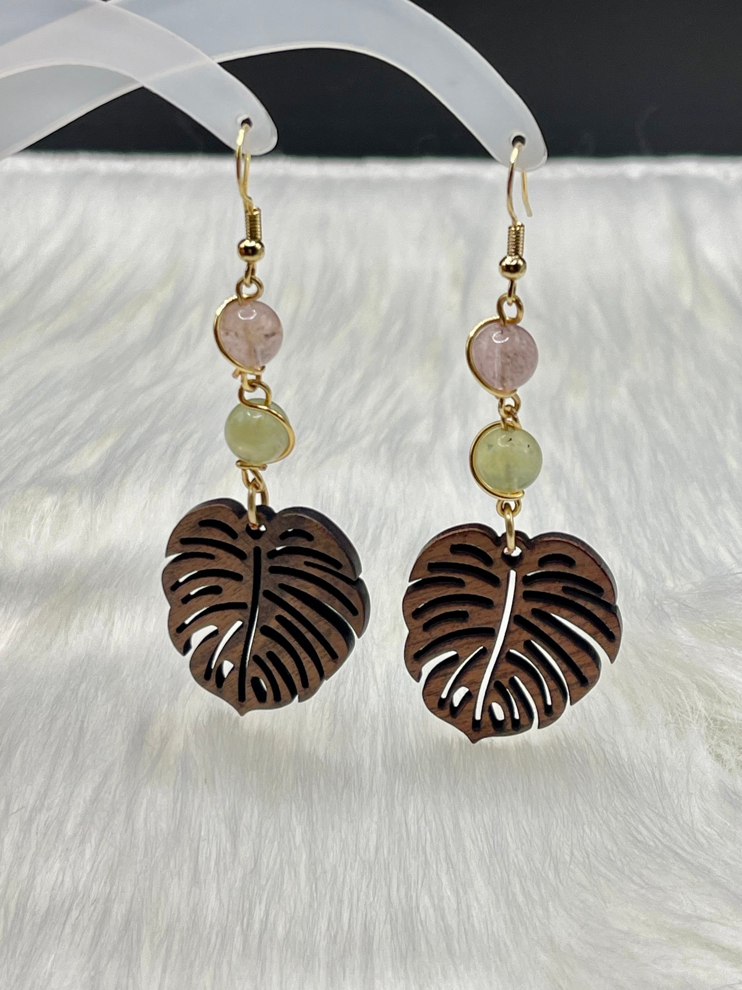 Dangly Monstera Crystal Earrings with Natural Pink and Yellow Morganite