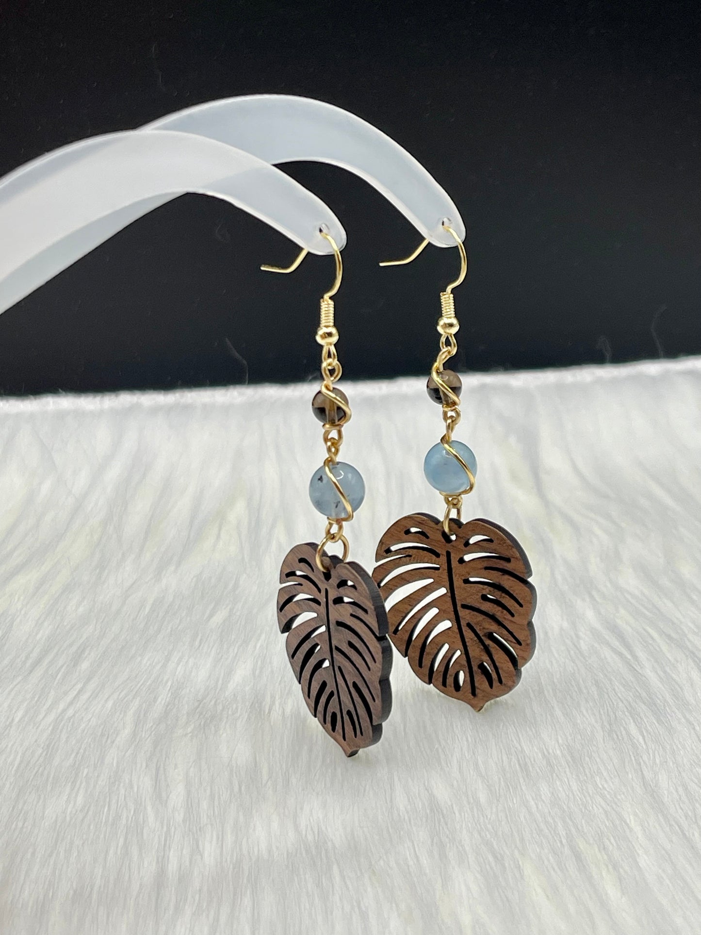 Dangly Monstera Crystal Earrings with Natural Smoky Quartz and Morganite