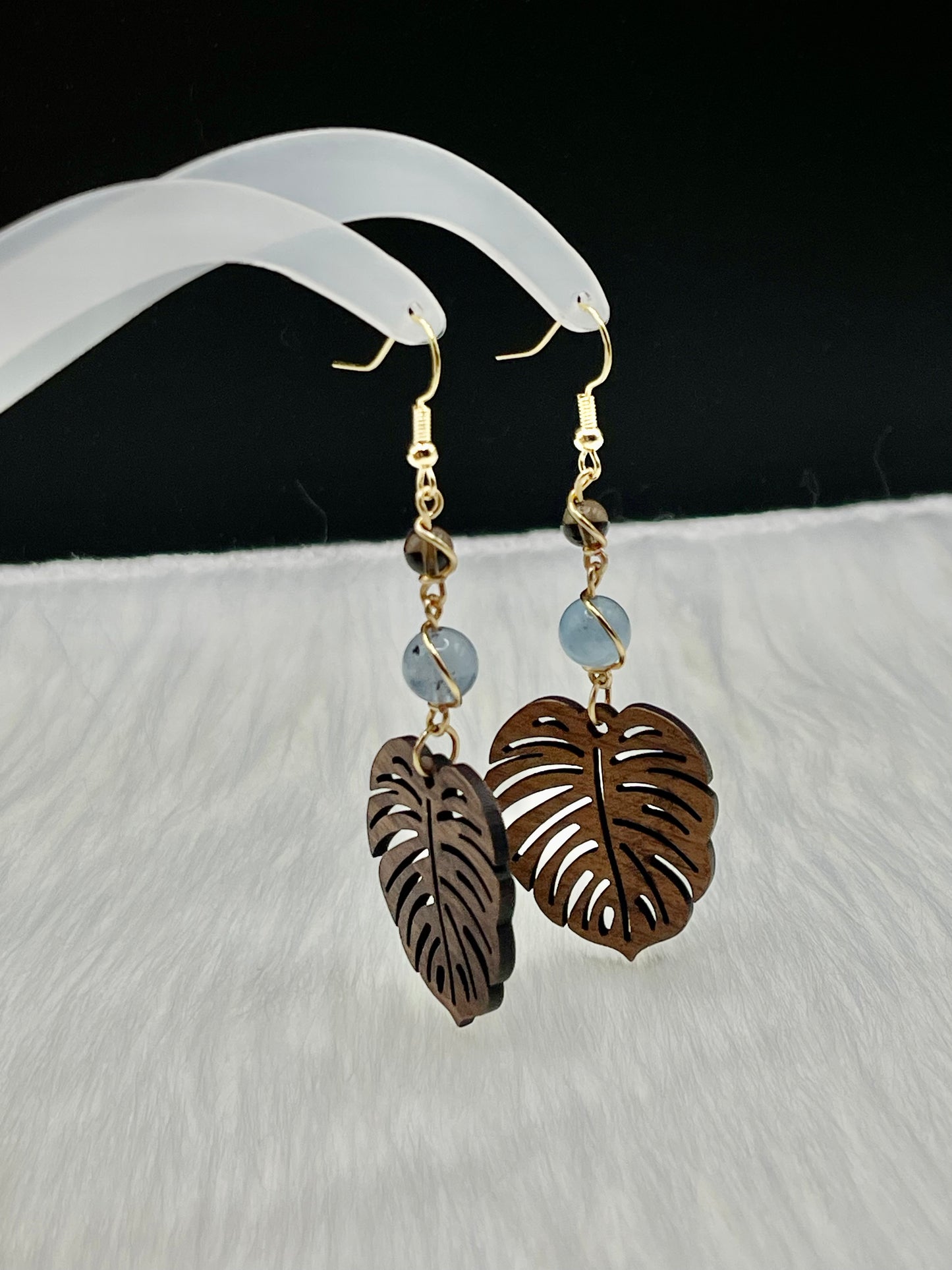 Dangly Monstera Crystal Earrings with Natural Smoky Quartz and Morganite