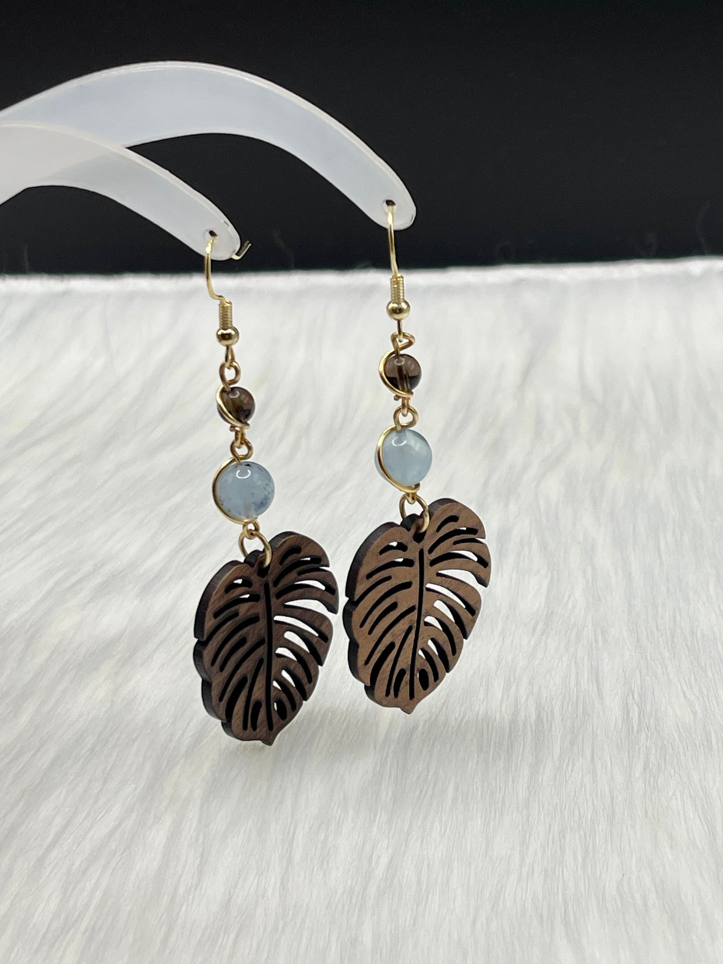Dangly Monstera Crystal Earrings with Natural Smoky Quartz and Morganite