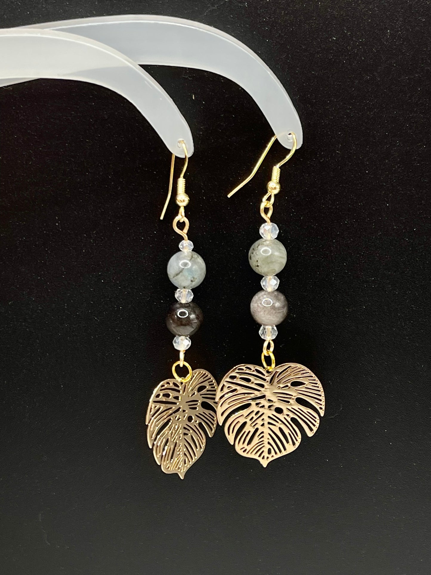 Dangly Monstera Crystal Earrings with Natural Labradorite and Silver Sheen Obsidian