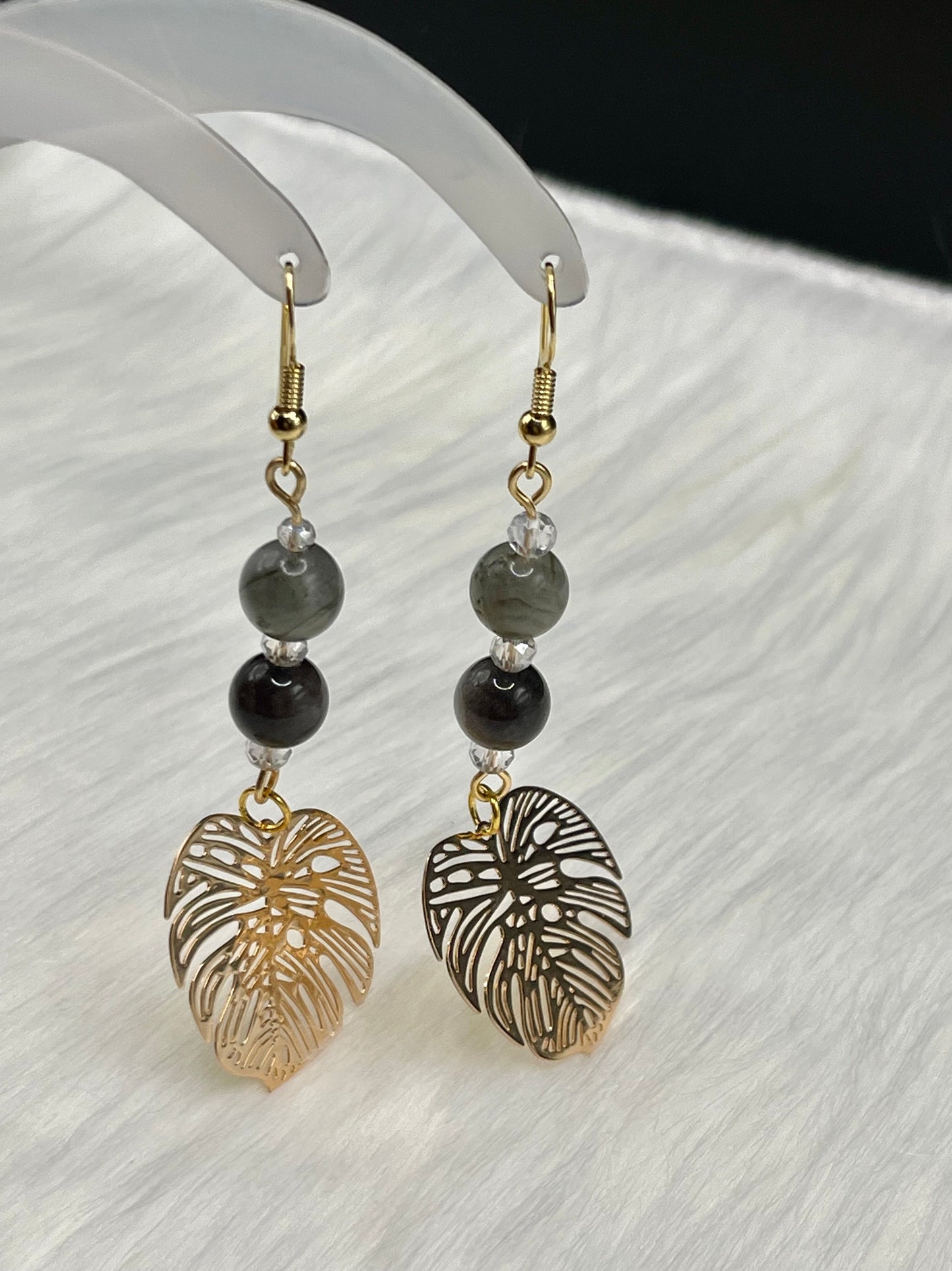 Dangly Monstera Crystal Earrings with Natural Labradorite and Silver Sheen Obsidian