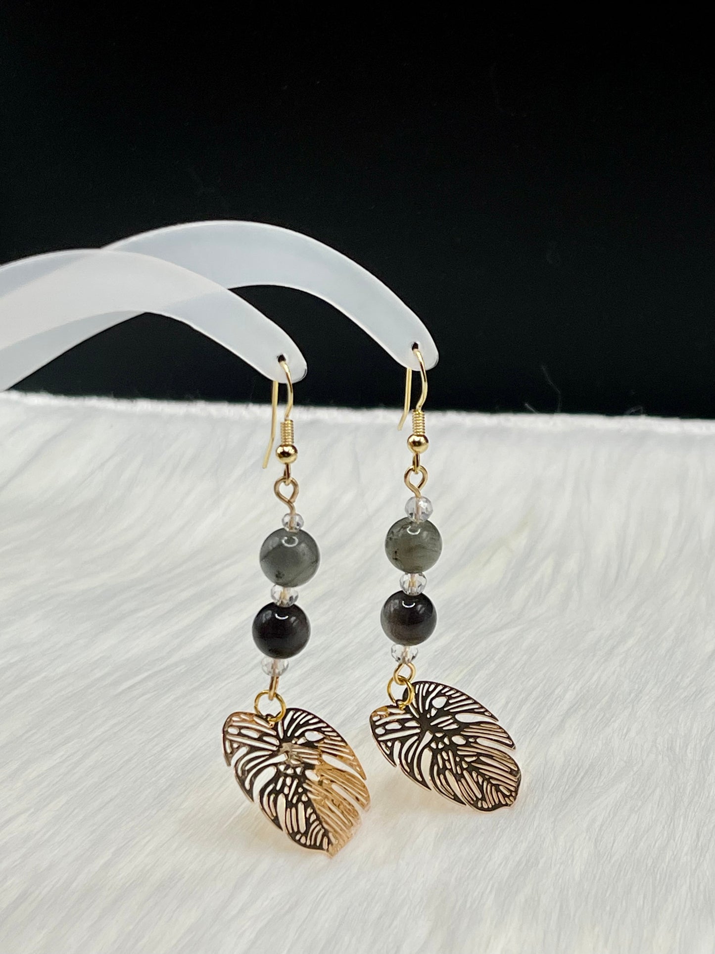 Dangly Monstera Crystal Earrings with Natural Labradorite and Silver Sheen Obsidian