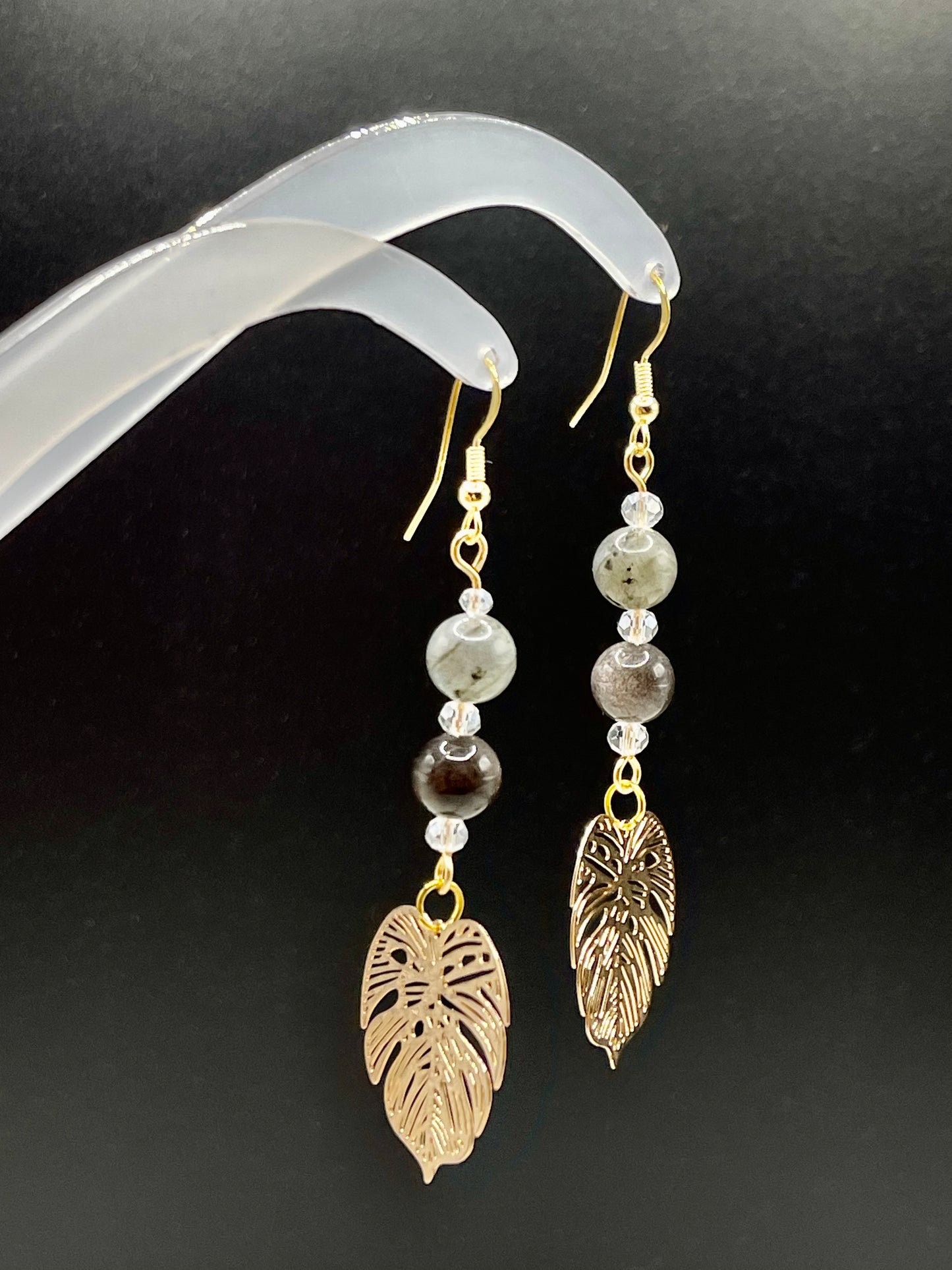 Dangly Monstera Crystal Earrings with Natural Labradorite and Silver Sheen Obsidian