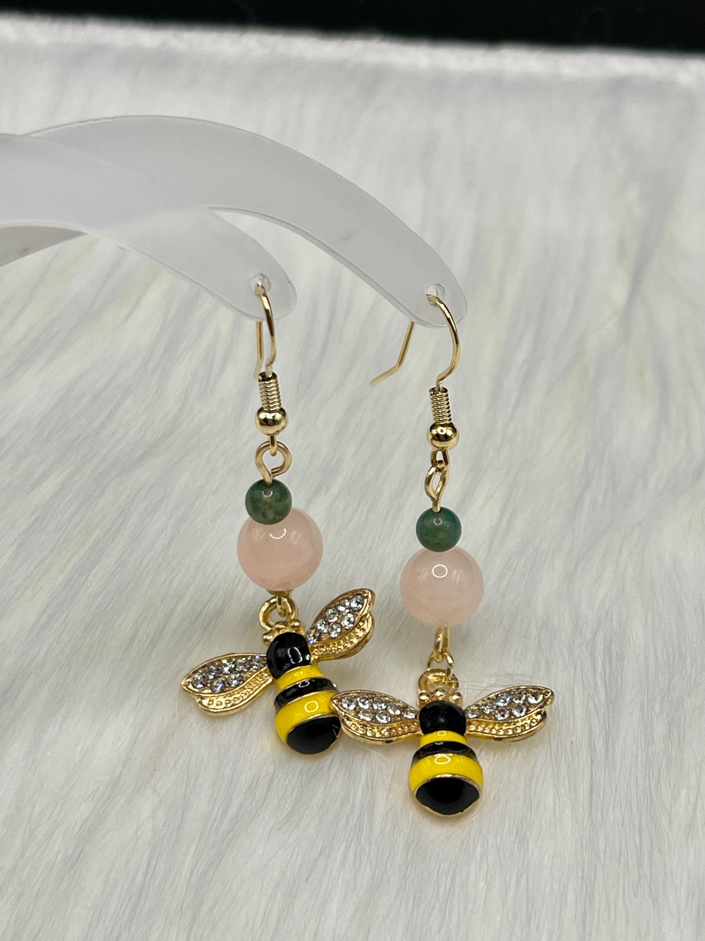 Dangly Honey Bee Crystal Earrings with Natural Moss Agate and Morganite