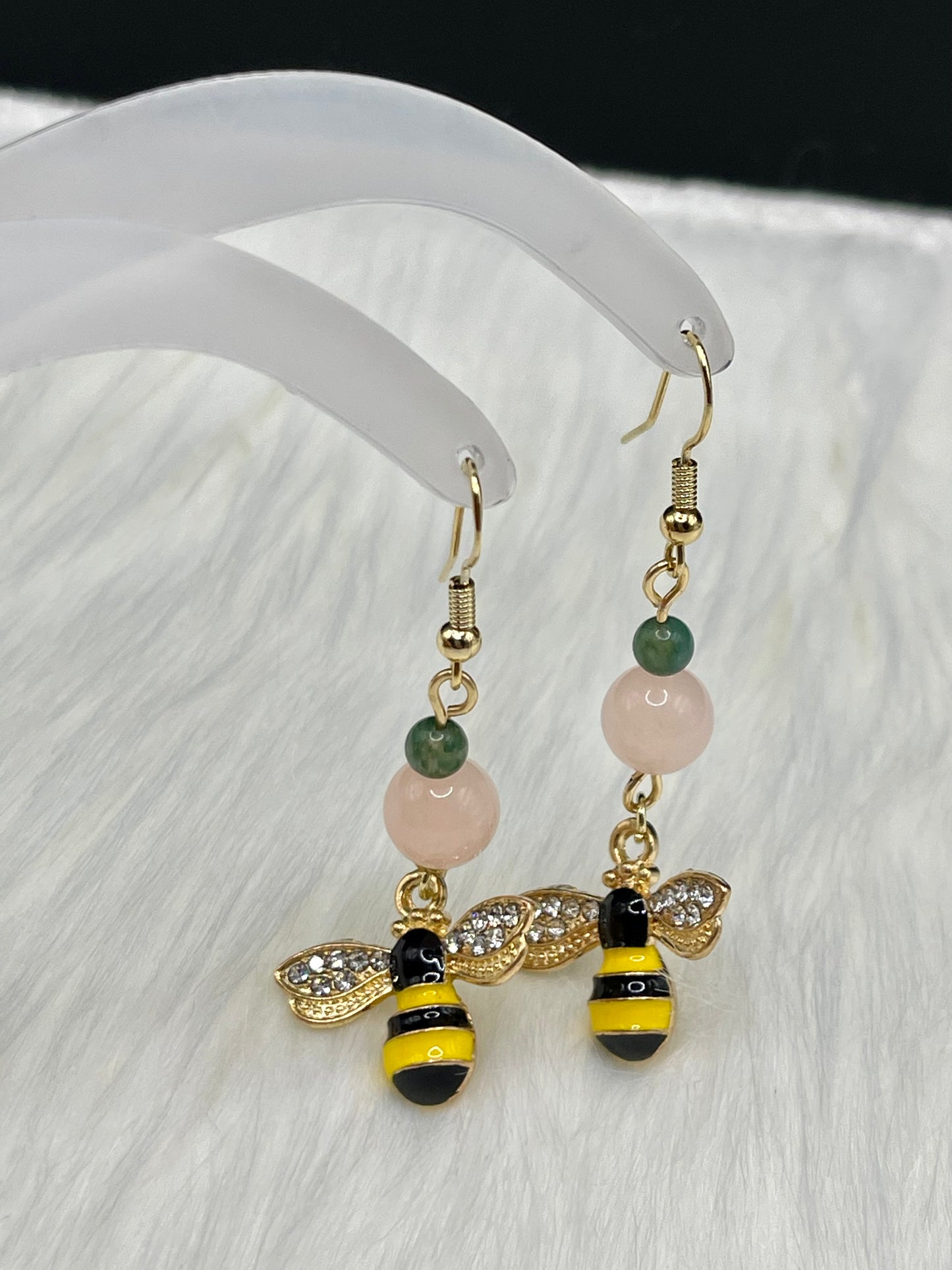 Dangly Honey Bee Crystal Earrings with Natural Moss Agate and Morganite