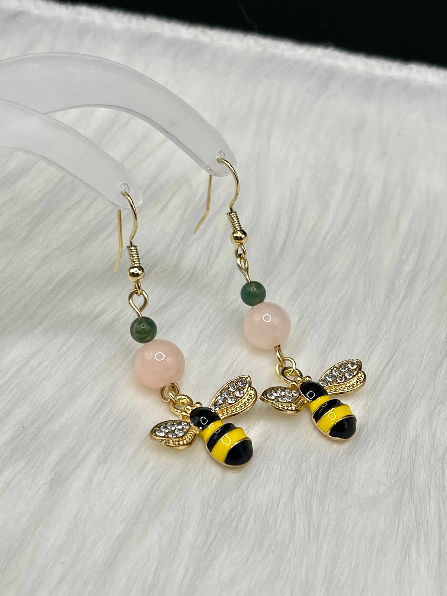 Dangly Honey Bee Crystal Earrings with Natural Moss Agate and Morganite