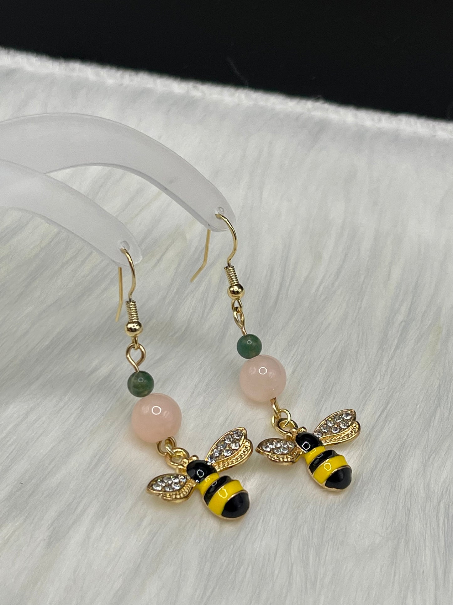 Dangly Honey Bee Crystal Earrings with Natural Moss Agate and Morganite
