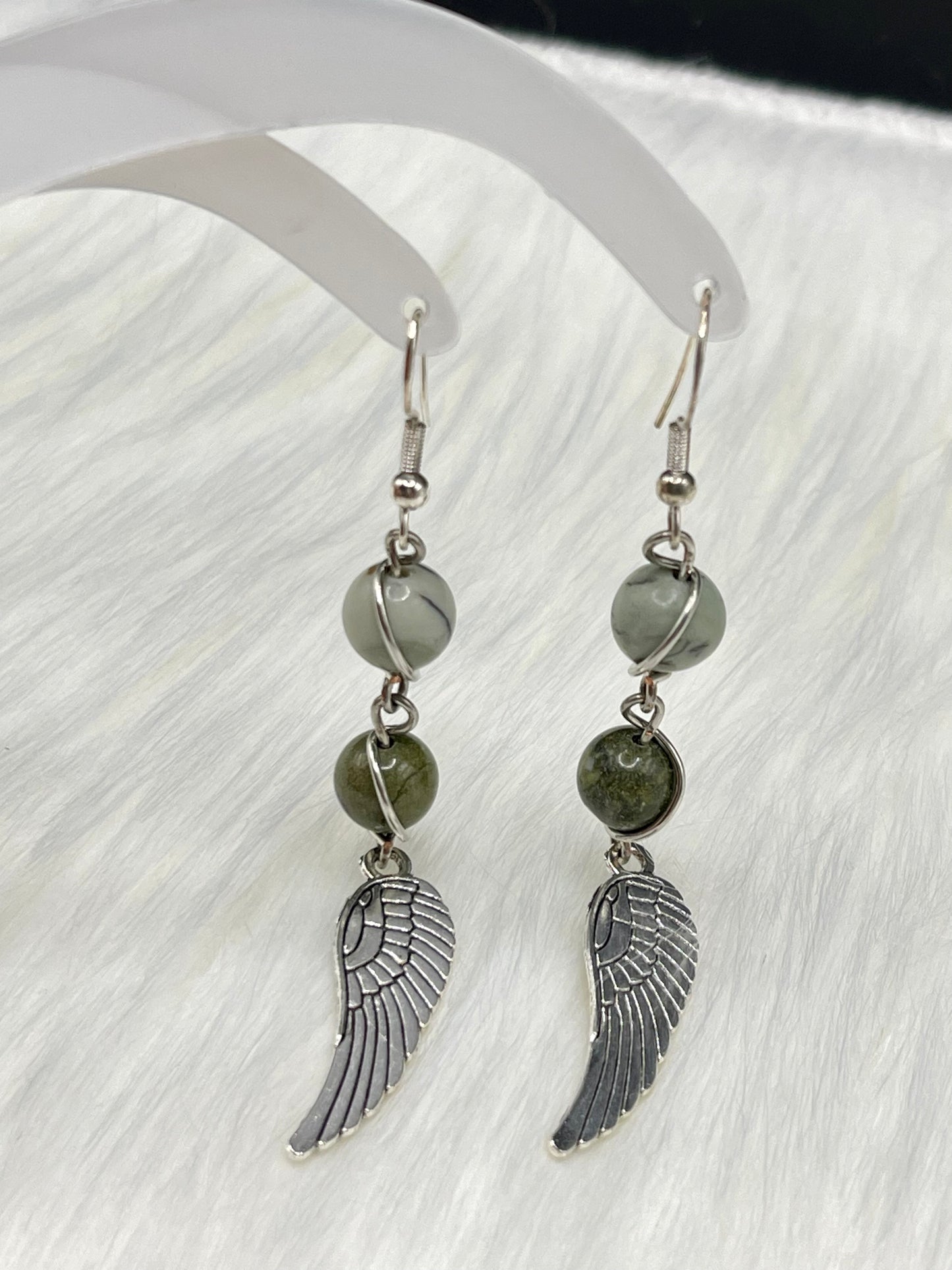Dangly Angel Wing Crystal Earrings with Natural Dendritic Agate and Bloodstone