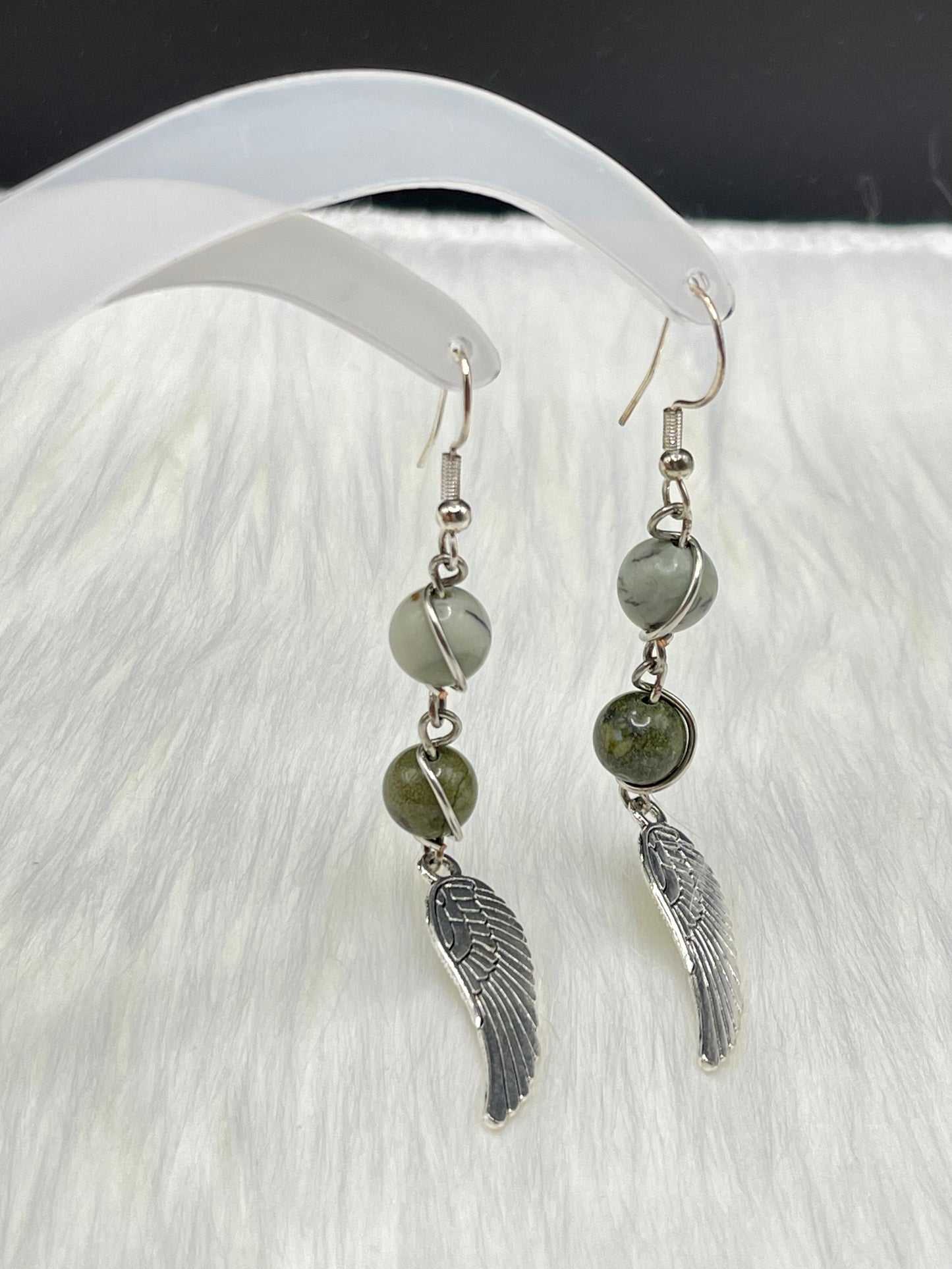 Dangly Angel Wing Crystal Earrings with Natural Dendritic Agate and Bloodstone