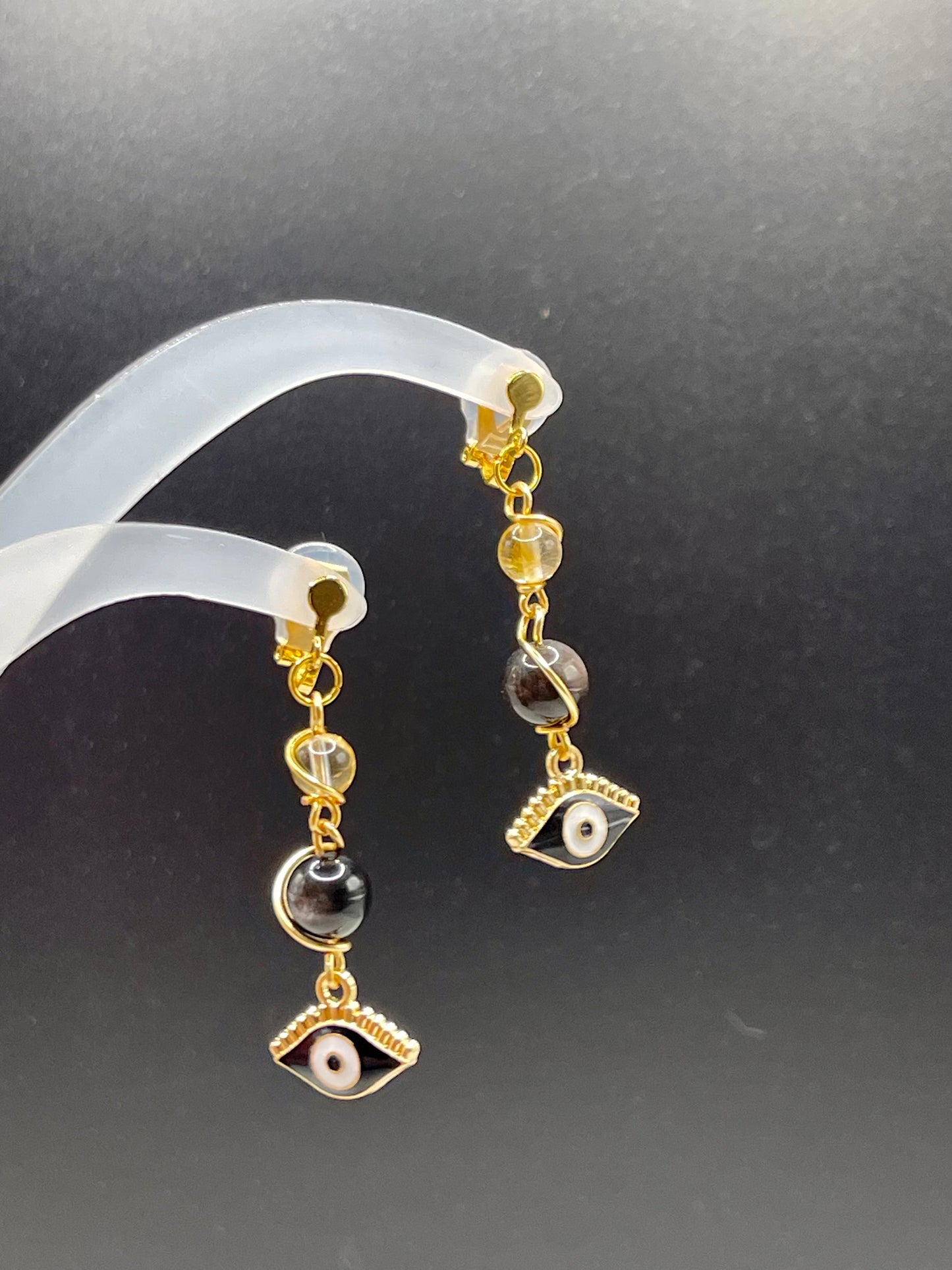 Dangly Clip on Protective Evil Eye Crystal Earrings with Citrine and Silver Sheen Obsidian