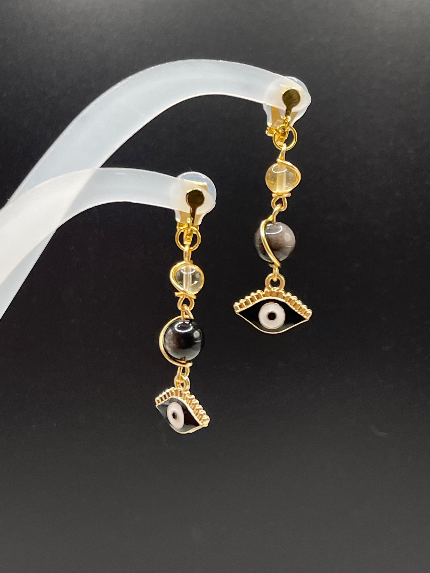 Dangly Clip on Protective Evil Eye Crystal Earrings with Citrine and Silver Sheen Obsidian