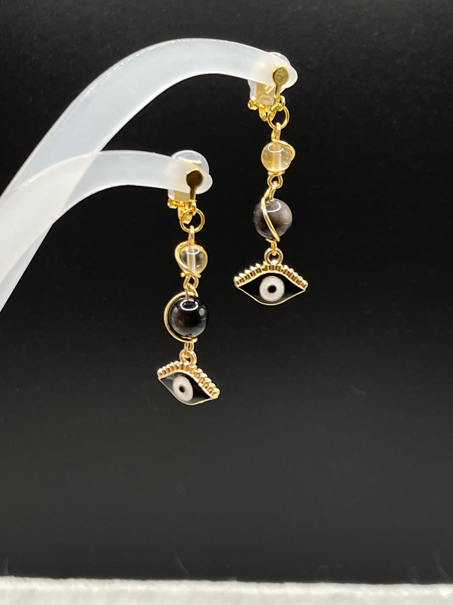 Dangly Clip on Protective Evil Eye Crystal Earrings with Citrine and Silver Sheen Obsidian