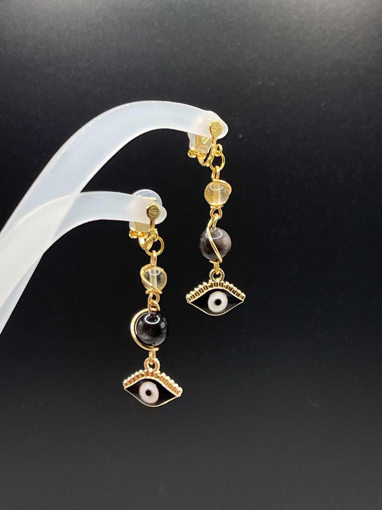 Dangly Clip on Protective Evil Eye Crystal Earrings with Citrine and Silver Sheen Obsidian