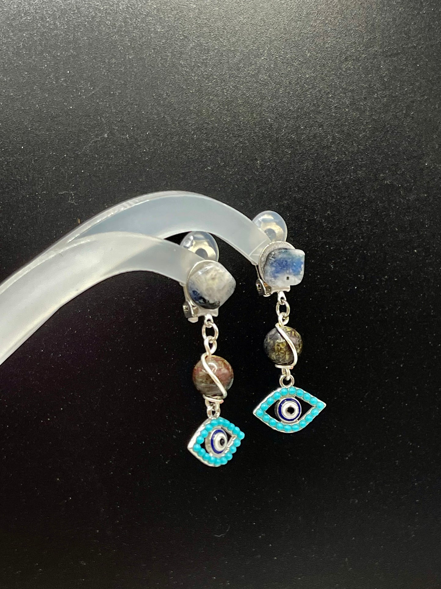 Dangly Clip on Protective Evil Eye Crystal Earrings with Rainbow Moonstone and Bloodstone