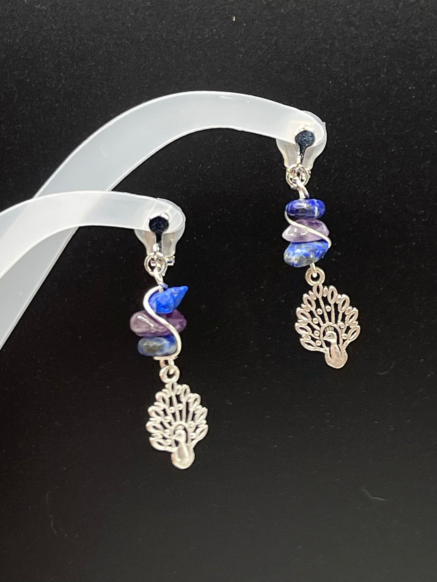 Dangly Clip on Peacock Crystal Earrings with Lapis Lazuli and Amethyst