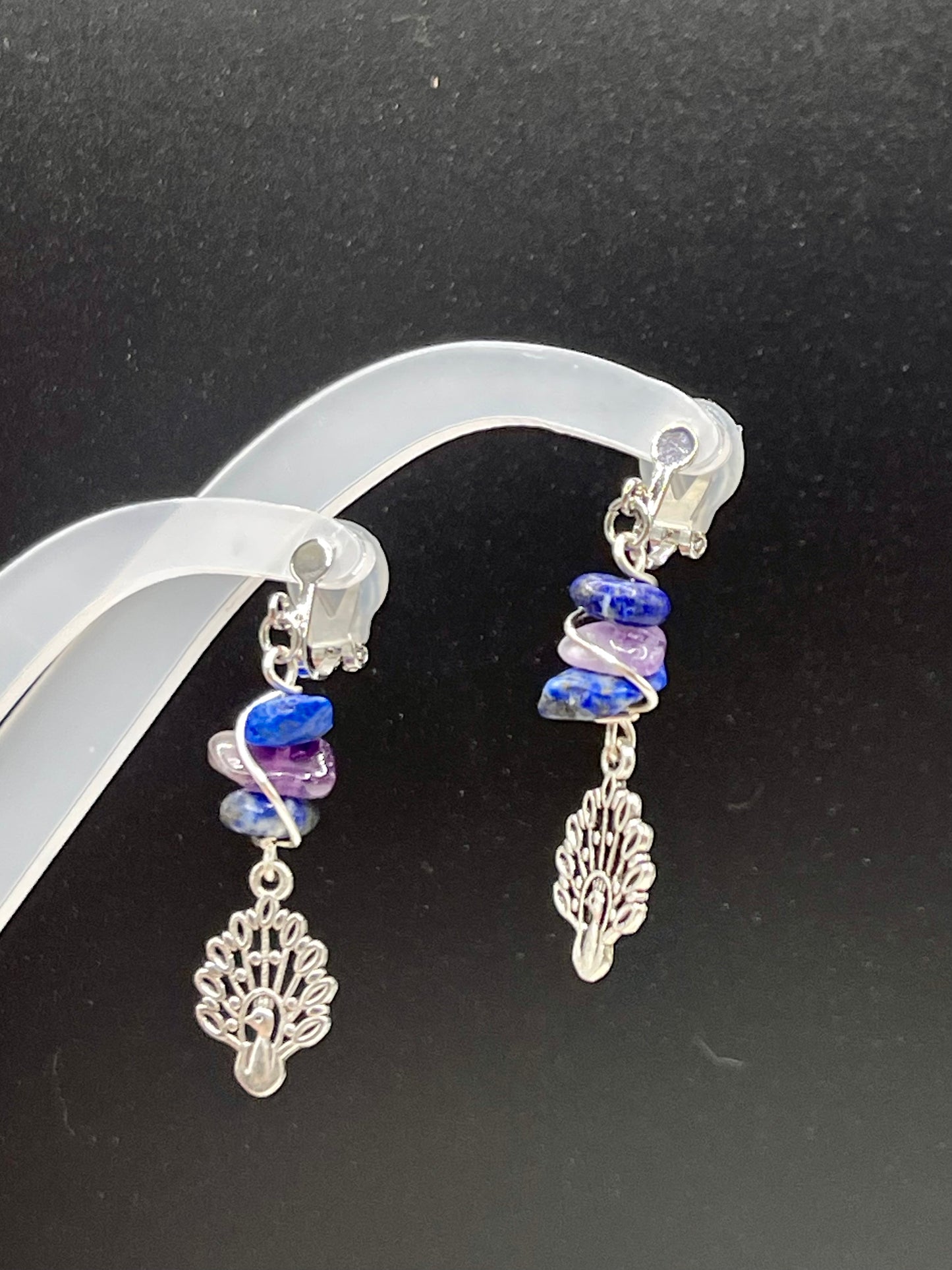 Dangly Clip on Peacock Crystal Earrings with Lapis Lazuli and Amethyst