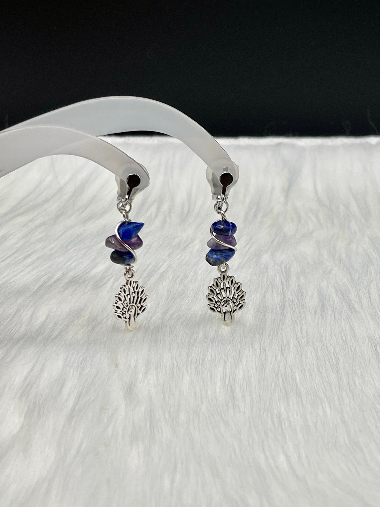 Dangly Clip on Peacock Crystal Earrings with Lapis Lazuli and Amethyst