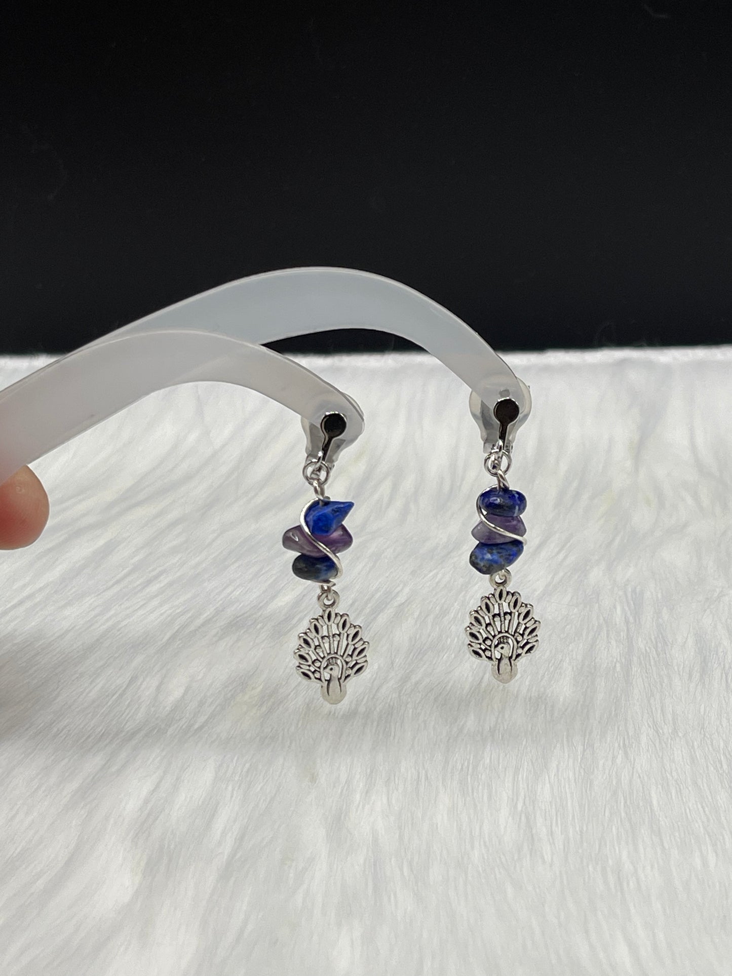 Dangly Clip on Peacock Crystal Earrings with Lapis Lazuli and Amethyst