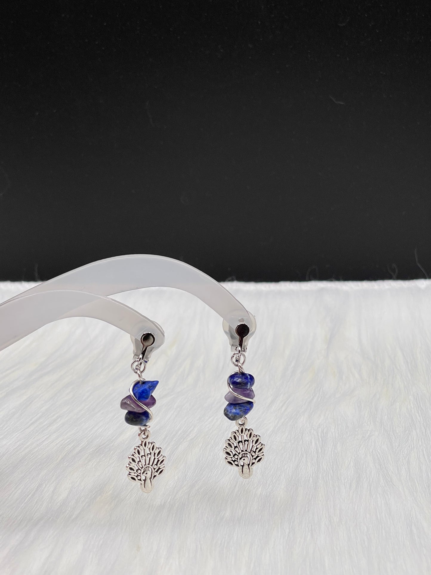 Dangly Clip on Peacock Crystal Earrings with Lapis Lazuli and Amethyst