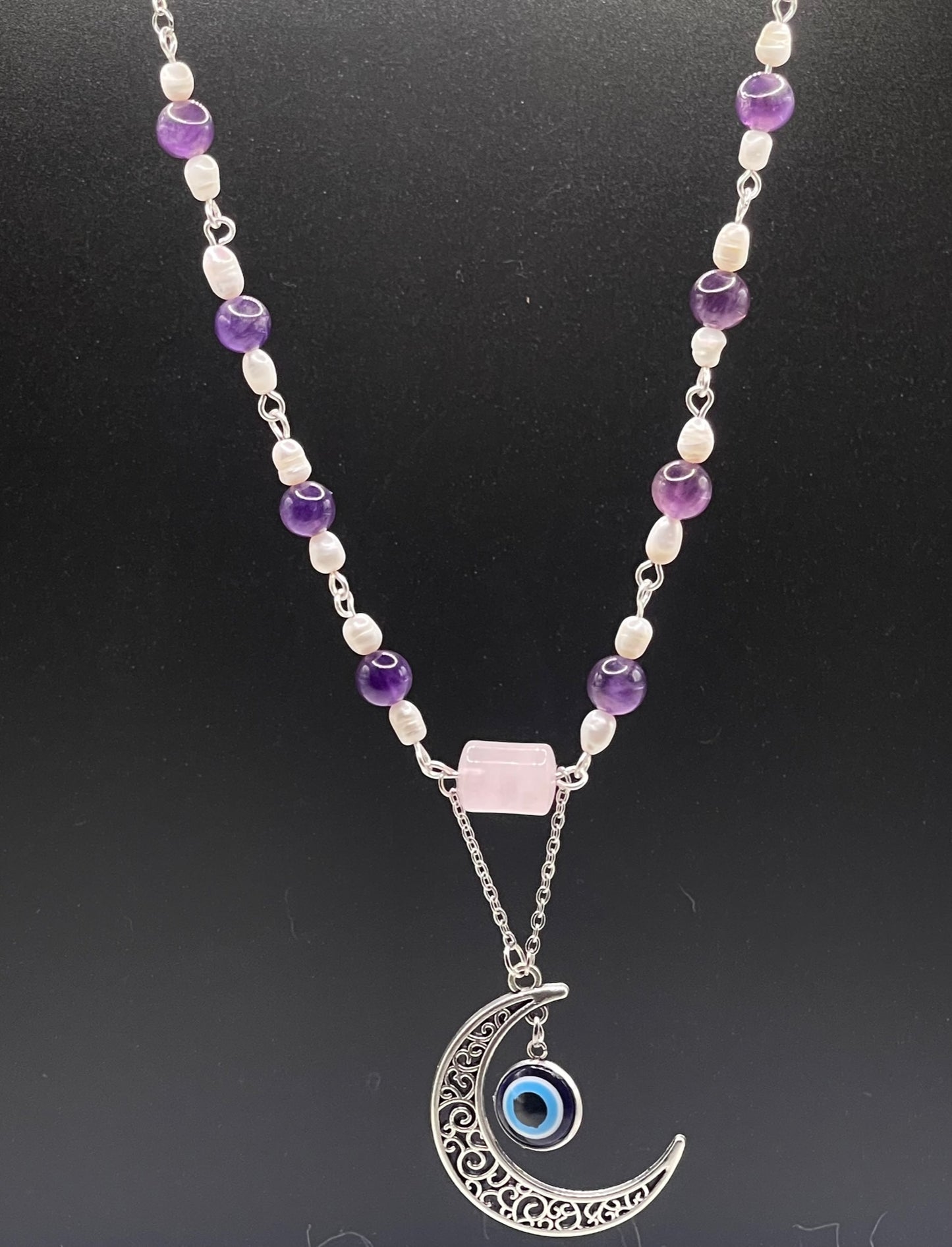 ✨ Celestial Harmony: Amethyst, Rose Quartz, and Pearl Moon Necklace ✨