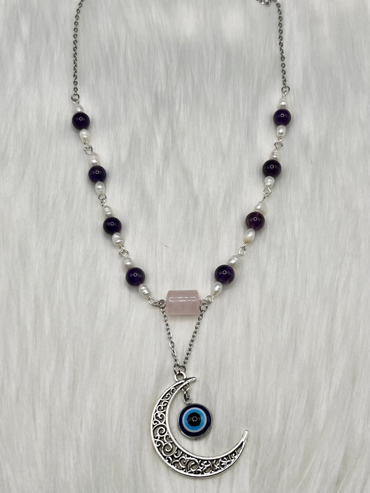 ✨ Celestial Harmony: Amethyst, Rose Quartz, and Pearl Moon Necklace ✨