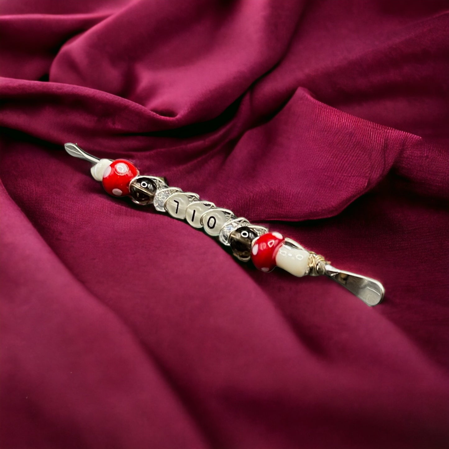 ✨ Luminous Dabbing Magic: Silver Sheen Obsidian Dab Tool with Red Mushrooms and Glow-in-the-Dark Letters ✨