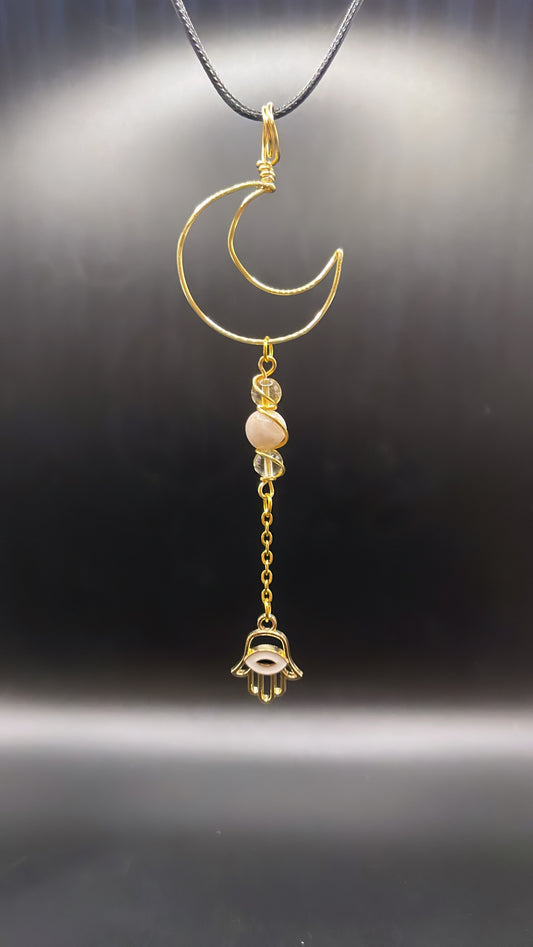 ✨Lunar Elegance: Gold Wire-Wrapped Moon Necklace; Flower Agate and Citrine ✨