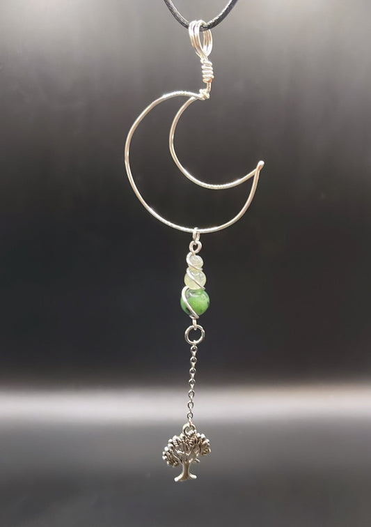 ✨Lunar Elegance: Silver Wire-Wrapped Moon Necklace with Tree of life; Labradorite, Prehnite and Ruby Zoisite✨