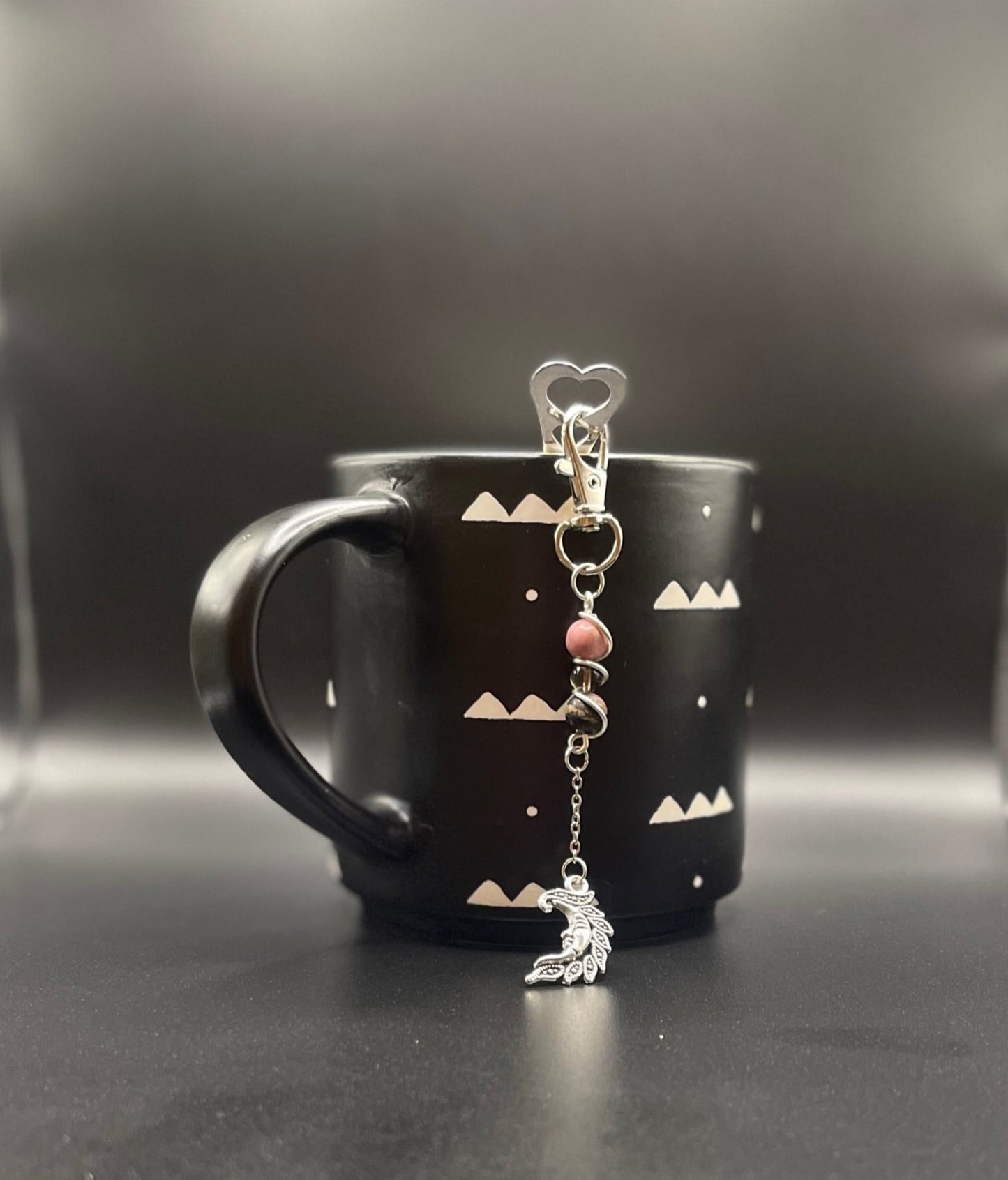 ✨ Radiant Sip: Stainless Steel Heart Teaspoon with Crystal Charm - Rhodonite and Smoky Quartz✨