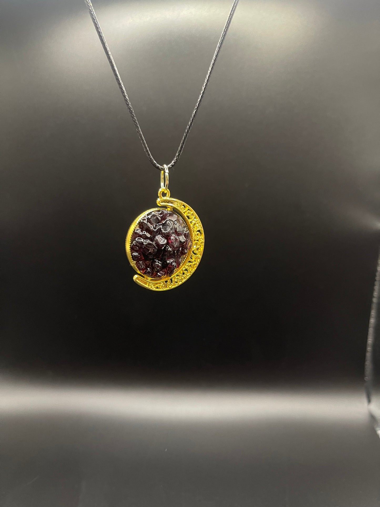 Crystal Fidget Spinner GOLD Moon Necklace, Double-Sided with Rose Quartz and Garnet