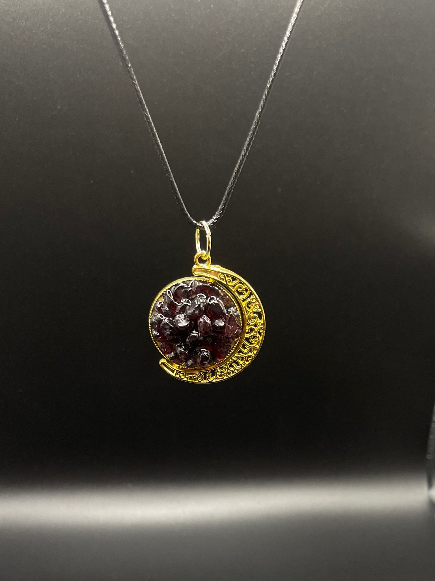 Crystal Fidget Spinner GOLD Moon Necklace, Double-Sided with Rose Quartz and Garnet