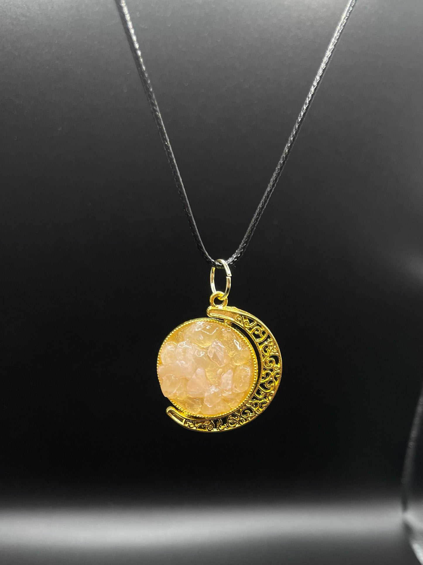 Crystal Fidget Spinner GOLD Moon Necklace, Double-Sided with Rose Quartz and Garnet