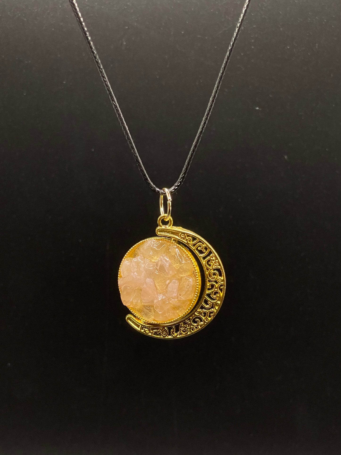 Crystal Fidget Spinner GOLD Moon Necklace, Double-Sided with Rose Quartz and Garnet
