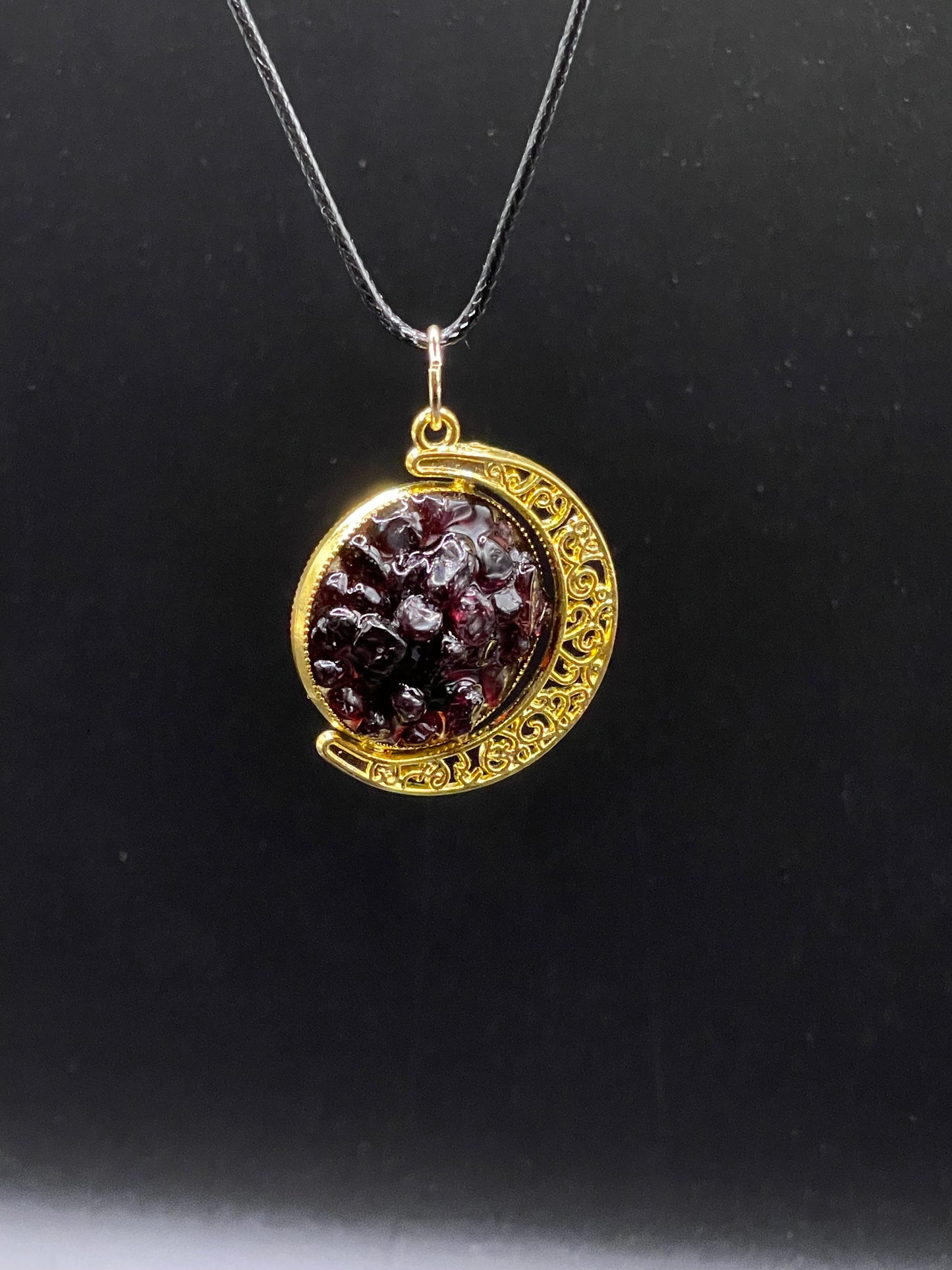 Crystal Fidget Spinner GOLD Moon Necklace, Double-Sided with Rose Quartz and Garnet