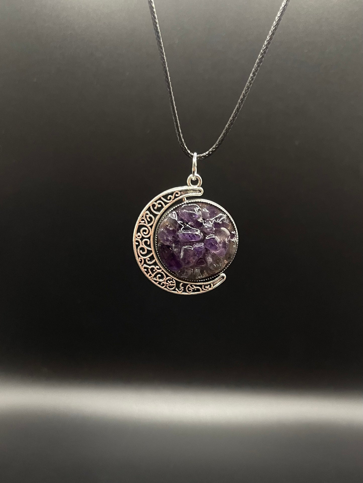 Crystal Fidget Spinner SILVER Moon Necklace, Double-Sided with Amethyst and Rainbow Moonstone