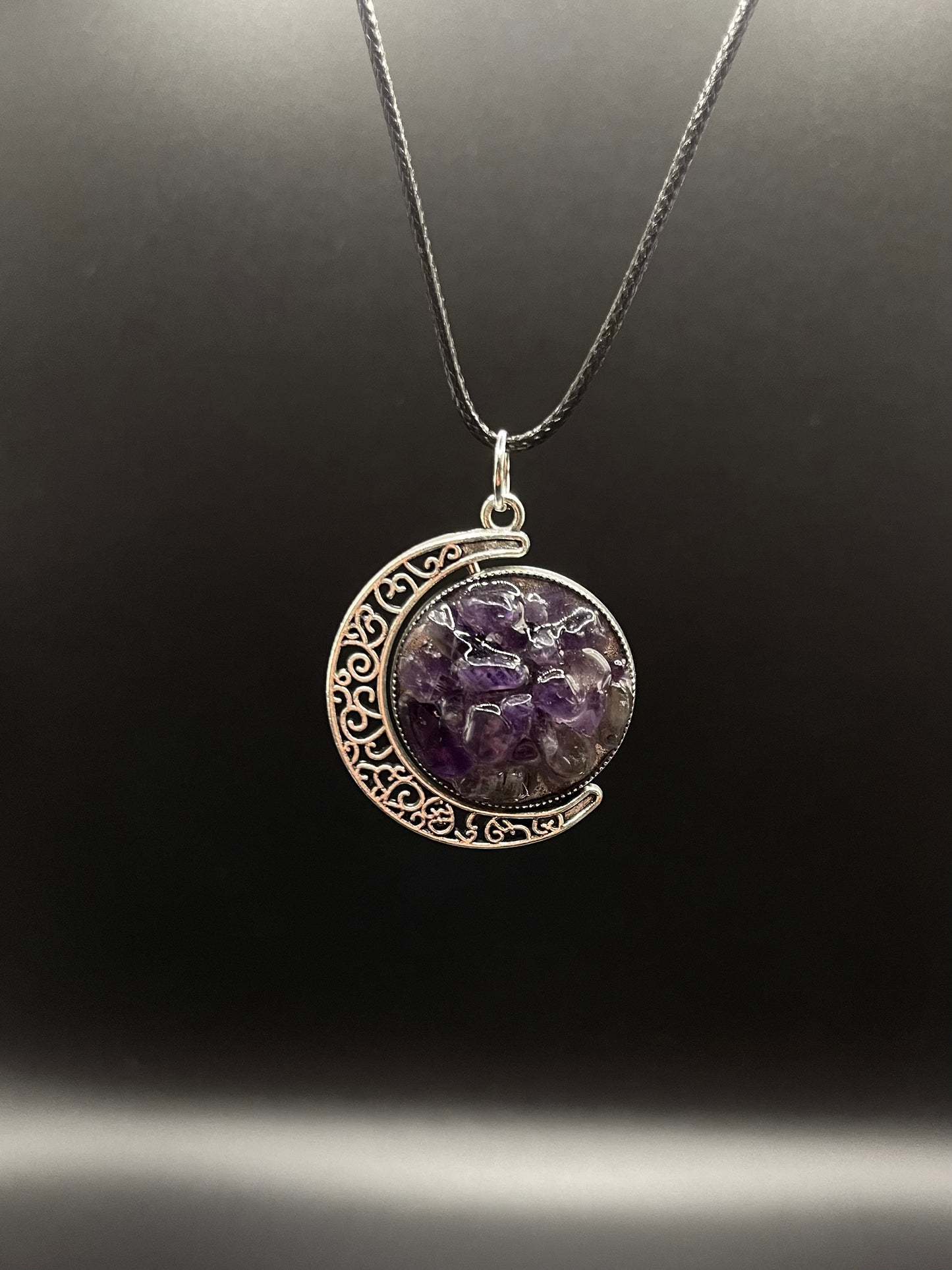 Crystal Fidget Spinner SILVER Moon Necklace, Double-Sided with Amethyst and Rainbow Moonstone