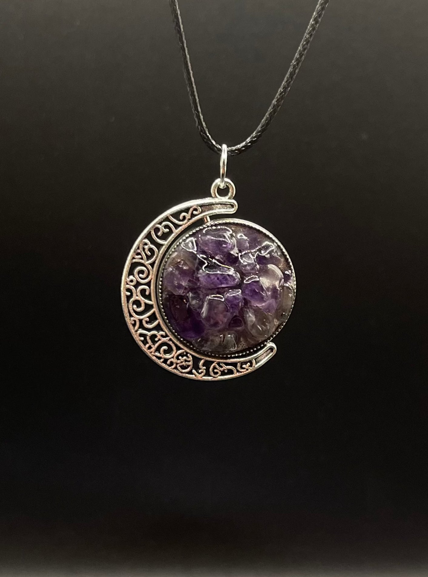 Crystal Fidget Spinner SILVER Moon Necklace, Double-Sided with Amethyst and Rainbow Moonstone