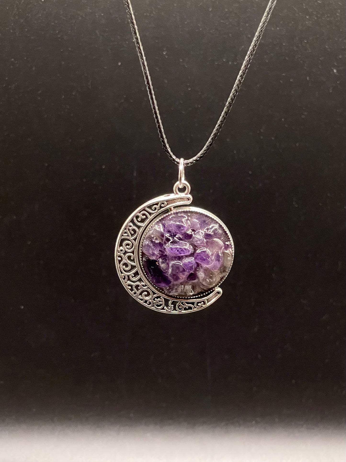 Crystal Fidget Spinner SILVER Moon Necklace, Double-Sided with Amethyst and Rainbow Moonstone
